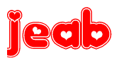 The image is a red and white graphic with the word Jeab written in a decorative script. Each letter in  is contained within its own outlined bubble-like shape. Inside each letter, there is a white heart symbol.