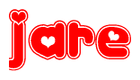 The image is a clipart featuring the word Jare written in a stylized font with a heart shape replacing inserted into the center of each letter. The color scheme of the text and hearts is red with a light outline.