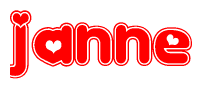 The image is a clipart featuring the word Janne written in a stylized font with a heart shape replacing inserted into the center of each letter. The color scheme of the text and hearts is red with a light outline.