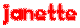 The image is a clipart featuring the word Janette written in a stylized font with a heart shape replacing inserted into the center of each letter. The color scheme of the text and hearts is red with a light outline.