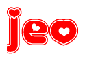 The image is a red and white graphic with the word Jeo written in a decorative script. Each letter in  is contained within its own outlined bubble-like shape. Inside each letter, there is a white heart symbol.