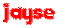 The image is a red and white graphic with the word Jayse written in a decorative script. Each letter in  is contained within its own outlined bubble-like shape. Inside each letter, there is a white heart symbol.