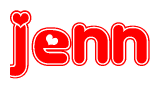 The image is a clipart featuring the word Jenn written in a stylized font with a heart shape replacing inserted into the center of each letter. The color scheme of the text and hearts is red with a light outline.