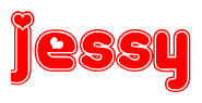 The image is a clipart featuring the word Jessy written in a stylized font with a heart shape replacing inserted into the center of each letter. The color scheme of the text and hearts is red with a light outline.