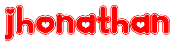 The image is a red and white graphic with the word Jhonathan written in a decorative script. Each letter in  is contained within its own outlined bubble-like shape. Inside each letter, there is a white heart symbol.