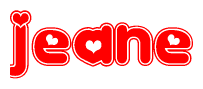 The image is a clipart featuring the word Jeane written in a stylized font with a heart shape replacing inserted into the center of each letter. The color scheme of the text and hearts is red with a light outline.
