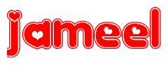 The image is a clipart featuring the word Jameel written in a stylized font with a heart shape replacing inserted into the center of each letter. The color scheme of the text and hearts is red with a light outline.