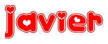 The image is a red and white graphic with the word Javier written in a decorative script. Each letter in  is contained within its own outlined bubble-like shape. Inside each letter, there is a white heart symbol.