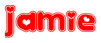 The image displays the word Jamie written in a stylized red font with hearts inside the letters.
