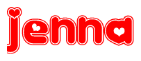 The image is a clipart featuring the word Jenna written in a stylized font with a heart shape replacing inserted into the center of each letter. The color scheme of the text and hearts is red with a light outline.
