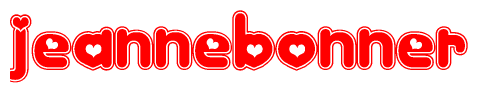 The image is a clipart featuring the word Jeannebonner written in a stylized font with a heart shape replacing inserted into the center of each letter. The color scheme of the text and hearts is red with a light outline.