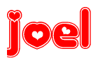 The image is a red and white graphic with the word Joel written in a decorative script. Each letter in  is contained within its own outlined bubble-like shape. Inside each letter, there is a white heart symbol.