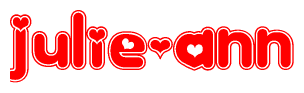 The image is a red and white graphic with the word Julie-ann written in a decorative script. Each letter in  is contained within its own outlined bubble-like shape. Inside each letter, there is a white heart symbol.