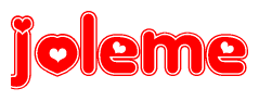 The image is a red and white graphic with the word Joleme written in a decorative script. Each letter in  is contained within its own outlined bubble-like shape. Inside each letter, there is a white heart symbol.
