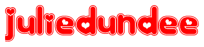 The image is a clipart featuring the word Juliedundee written in a stylized font with a heart shape replacing inserted into the center of each letter. The color scheme of the text and hearts is red with a light outline.