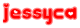 The image is a red and white graphic with the word Jessyca written in a decorative script. Each letter in  is contained within its own outlined bubble-like shape. Inside each letter, there is a white heart symbol.