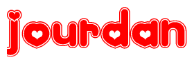 The image is a red and white graphic with the word Jourdan written in a decorative script. Each letter in  is contained within its own outlined bubble-like shape. Inside each letter, there is a white heart symbol.