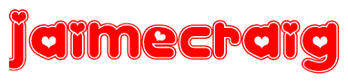 The image is a clipart featuring the word Jaimecraig written in a stylized font with a heart shape replacing inserted into the center of each letter. The color scheme of the text and hearts is red with a light outline.