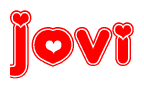 The image is a clipart featuring the word Jovi written in a stylized font with a heart shape replacing inserted into the center of each letter. The color scheme of the text and hearts is red with a light outline.