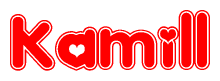The image is a red and white graphic with the word Kamill written in a decorative script. Each letter in  is contained within its own outlined bubble-like shape. Inside each letter, there is a white heart symbol.