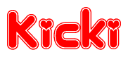 The image is a red and white graphic with the word Kicki written in a decorative script. Each letter in  is contained within its own outlined bubble-like shape. Inside each letter, there is a white heart symbol.