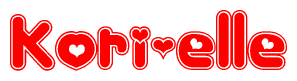The image is a red and white graphic with the word Kori-elle written in a decorative script. Each letter in  is contained within its own outlined bubble-like shape. Inside each letter, there is a white heart symbol.
