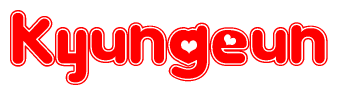 The image is a red and white graphic with the word Kyungeun written in a decorative script. Each letter in  is contained within its own outlined bubble-like shape. Inside each letter, there is a white heart symbol.