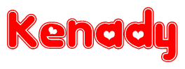 The image is a red and white graphic with the word Kenady written in a decorative script. Each letter in  is contained within its own outlined bubble-like shape. Inside each letter, there is a white heart symbol.