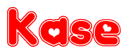 The image is a clipart featuring the word Kase written in a stylized font with a heart shape replacing inserted into the center of each letter. The color scheme of the text and hearts is red with a light outline.