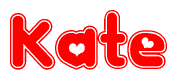 The image is a clipart featuring the word Kate written in a stylized font with a heart shape replacing inserted into the center of each letter. The color scheme of the text and hearts is red with a light outline.