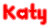   The image is a red and white graphic with the word Katy written in a decorative script. Each letter in  is contained within its own outlined bubble-like shape. Inside each letter, there is a white heart symbol. 