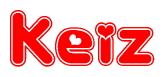 The image is a red and white graphic with the word Keiz written in a decorative script. Each letter in  is contained within its own outlined bubble-like shape. Inside each letter, there is a white heart symbol.