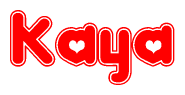 The image is a red and white graphic with the word Kaya written in a decorative script. Each letter in  is contained within its own outlined bubble-like shape. Inside each letter, there is a white heart symbol.