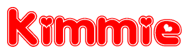 The image is a red and white graphic with the word Kimmie written in a decorative script. Each letter in  is contained within its own outlined bubble-like shape. Inside each letter, there is a white heart symbol.
