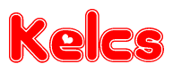 The image is a red and white graphic with the word Kelcs written in a decorative script. Each letter in  is contained within its own outlined bubble-like shape. Inside each letter, there is a white heart symbol.
