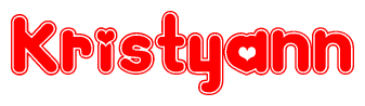 The image is a red and white graphic with the word Kristyann written in a decorative script. Each letter in  is contained within its own outlined bubble-like shape. Inside each letter, there is a white heart symbol.
