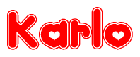 The image is a clipart featuring the word Karlo written in a stylized font with a heart shape replacing inserted into the center of each letter. The color scheme of the text and hearts is red with a light outline.