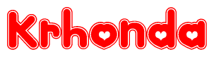 The image is a red and white graphic with the word Krhonda written in a decorative script. Each letter in  is contained within its own outlined bubble-like shape. Inside each letter, there is a white heart symbol.