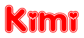 The image is a red and white graphic with the word Kimi written in a decorative script. Each letter in  is contained within its own outlined bubble-like shape. Inside each letter, there is a white heart symbol.