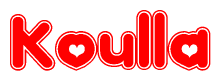 The image is a red and white graphic with the word Koulla written in a decorative script. Each letter in  is contained within its own outlined bubble-like shape. Inside each letter, there is a white heart symbol.
