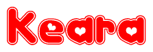 The image is a red and white graphic with the word Keara written in a decorative script. Each letter in  is contained within its own outlined bubble-like shape. Inside each letter, there is a white heart symbol.