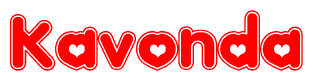 The image is a red and white graphic with the word Kavonda written in a decorative script. Each letter in  is contained within its own outlined bubble-like shape. Inside each letter, there is a white heart symbol.