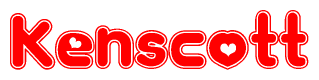 The image is a red and white graphic with the word Kenscott written in a decorative script. Each letter in  is contained within its own outlined bubble-like shape. Inside each letter, there is a white heart symbol.