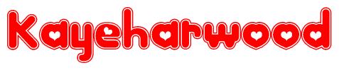 The image is a red and white graphic with the word Kayeharwood written in a decorative script. Each letter in  is contained within its own outlined bubble-like shape. Inside each letter, there is a white heart symbol.