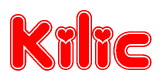 The image is a clipart featuring the word Kilic written in a stylized font with a heart shape replacing inserted into the center of each letter. The color scheme of the text and hearts is red with a light outline.