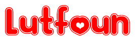 The image is a clipart featuring the word Lutfoun written in a stylized font with a heart shape replacing inserted into the center of each letter. The color scheme of the text and hearts is red with a light outline.