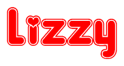 The image is a clipart featuring the word Lizzy written in a stylized font with a heart shape replacing inserted into the center of each letter. The color scheme of the text and hearts is red with a light outline.