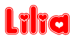 The image is a red and white graphic with the word Lilia written in a decorative script. Each letter in  is contained within its own outlined bubble-like shape. Inside each letter, there is a white heart symbol.