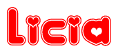 The image is a red and white graphic with the word Licia written in a decorative script. Each letter in  is contained within its own outlined bubble-like shape. Inside each letter, there is a white heart symbol.