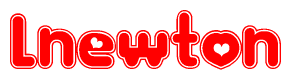 The image is a red and white graphic with the word Lnewton written in a decorative script. Each letter in  is contained within its own outlined bubble-like shape. Inside each letter, there is a white heart symbol.